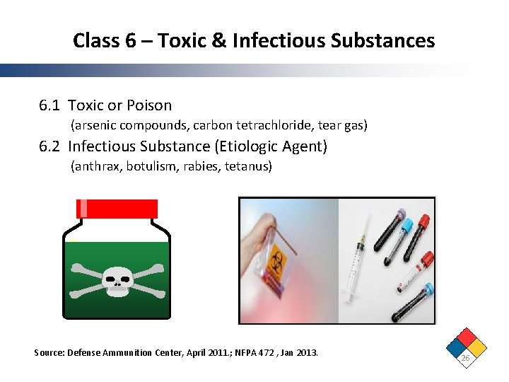 Class 6 – Toxic & Infectious Substances 6. 1 Toxic or Poison (arsenic compounds,