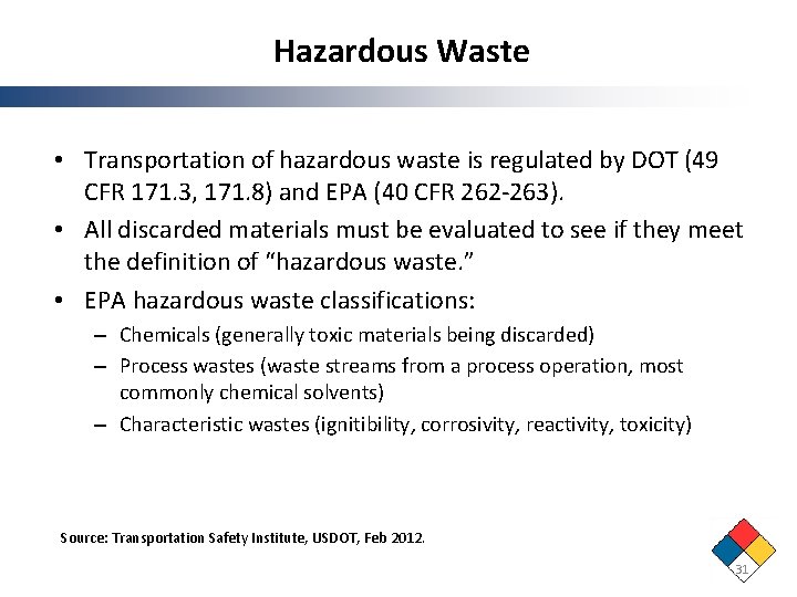 Hazardous Waste • Transportation of hazardous waste is regulated by DOT (49 CFR 171.