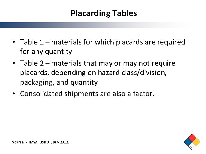 Placarding Tables • Table 1 – materials for which placards are required for any