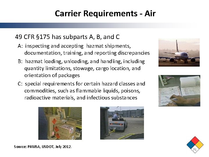Carrier Requirements - Air 49 CFR § 175 has subparts A, B, and C