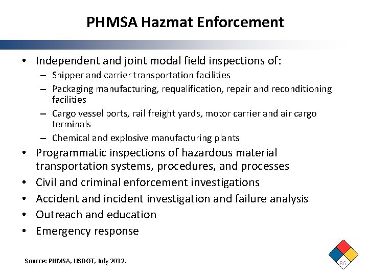 PHMSA Hazmat Enforcement • Independent and joint modal field inspections of: – Shipper and