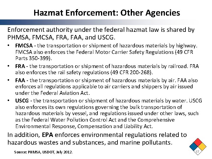 Hazmat Enforcement: Other Agencies Enforcement authority under the federal hazmat law is shared by