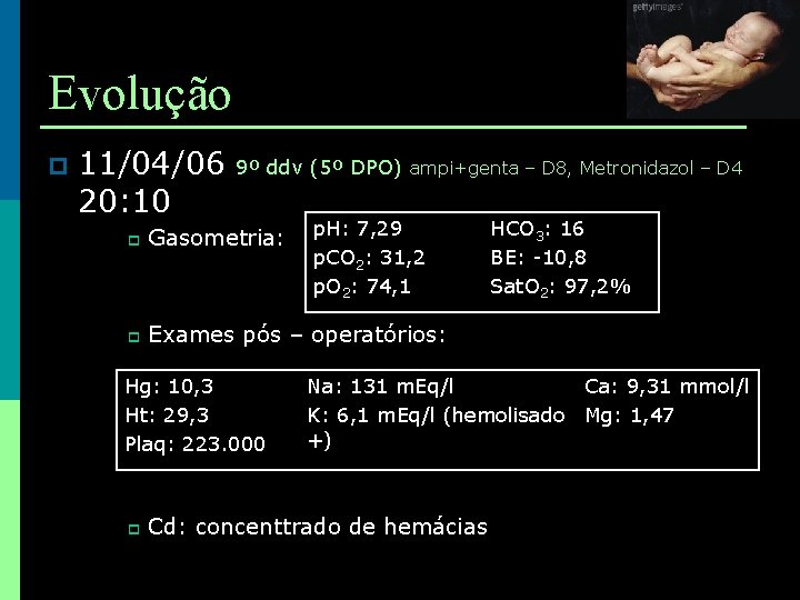 Evolução p 11/04/06 9º ddv (5º DPO) ampi+genta – D 8, Metronidazol – D