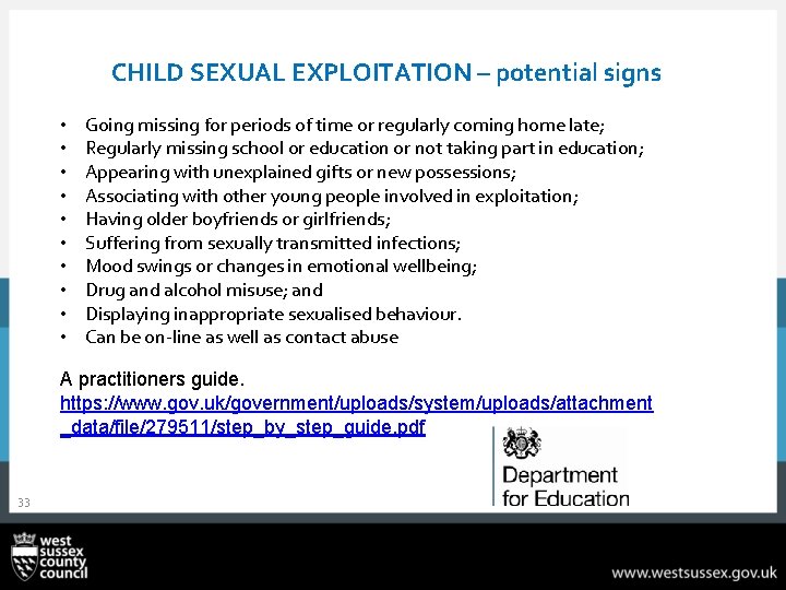 CHILD SEXUAL EXPLOITATION – potential signs • • • Going missing for periods of