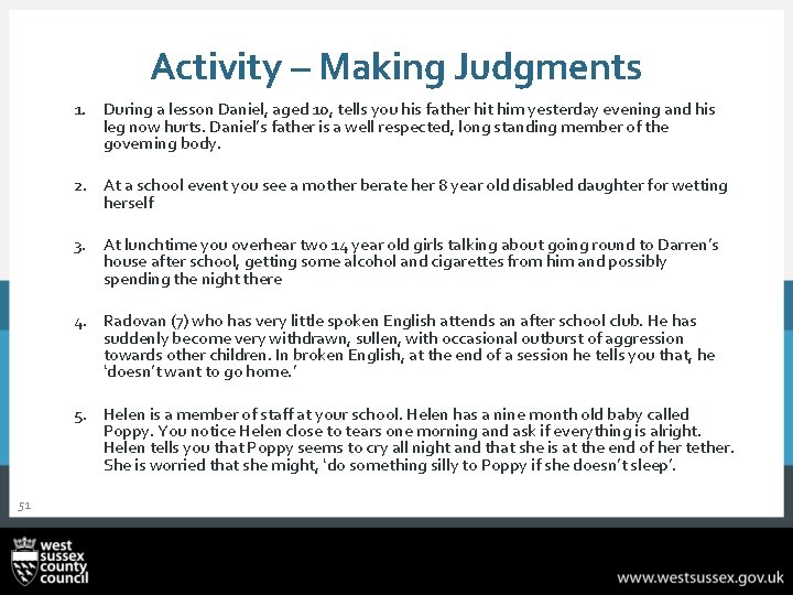 Activity – Making Judgments 1. During a lesson Daniel, aged 10, tells you his