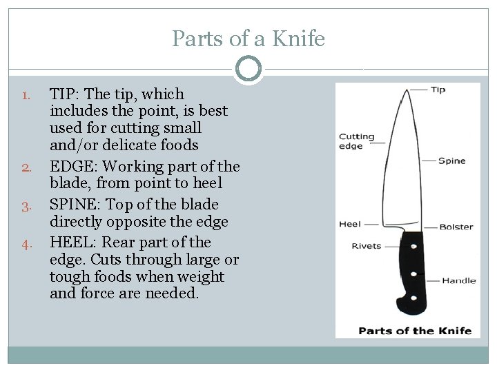 Parts of a Knife 1. 2. 3. 4. TIP: The tip, which includes the