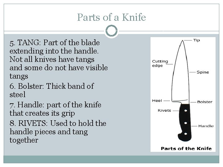 Parts of a Knife 5. TANG: Part of the blade extending into the handle.