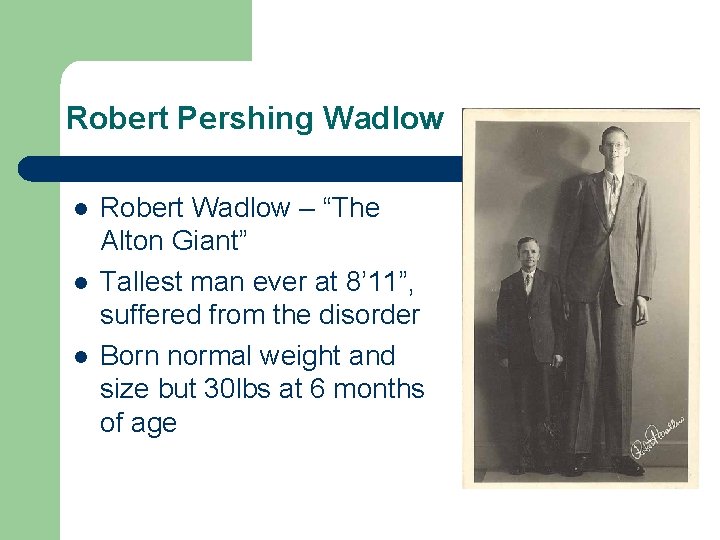 Robert Pershing Wadlow l l l Robert Wadlow – “The Alton Giant” Tallest man