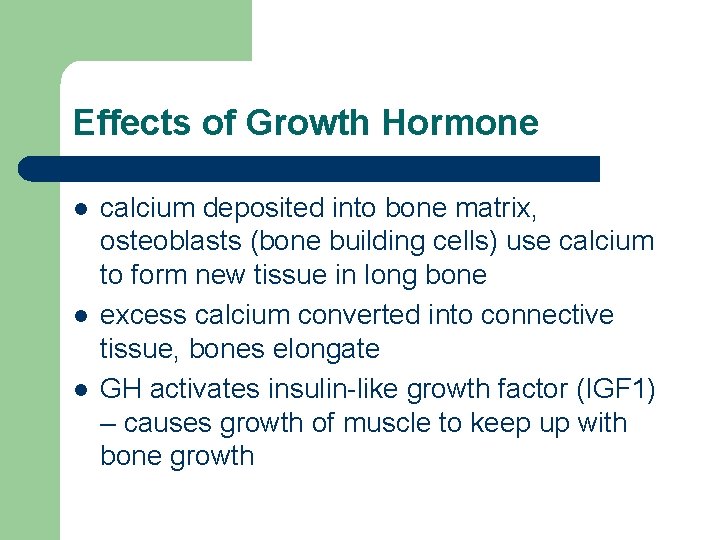 Effects of Growth Hormone l l l calcium deposited into bone matrix, osteoblasts (bone