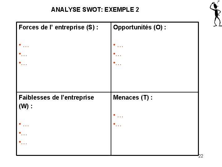 ANALYSE SWOT: EXEMPLE 2 Forces de l’ entreprise (S) : Opportunités (O) : •