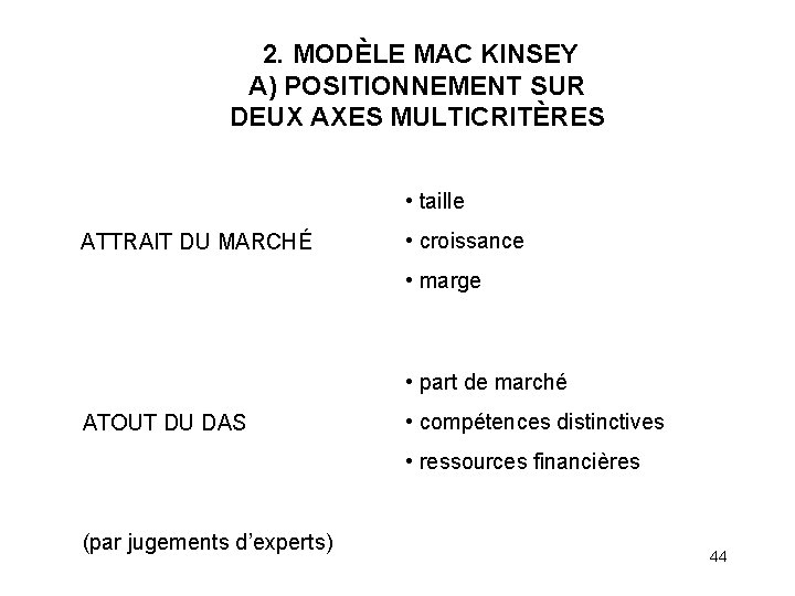  2. MODÈLE MAC KINSEY A) POSITIONNEMENT SUR DEUX AXES MULTICRITÈRES • taille ATTRAIT
