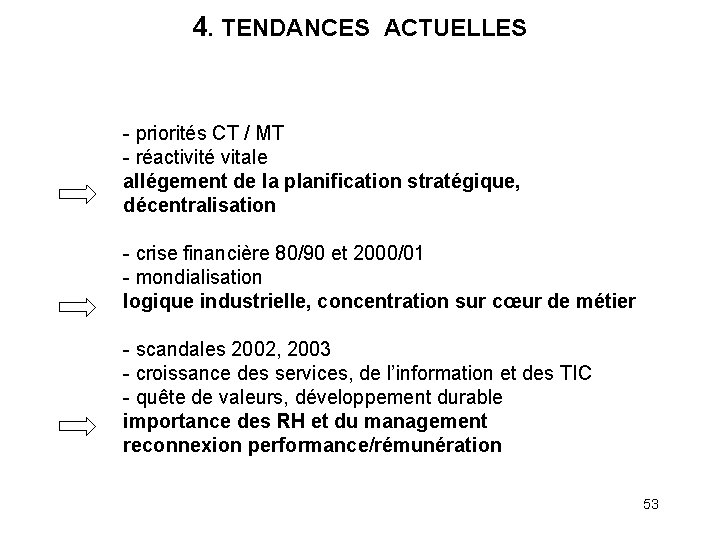 4. TENDANCES ACTUELLES priorités CT / MT réactivité vitale allégement de la planification stratégique,