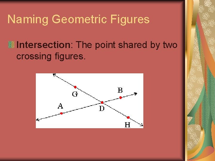 Naming Geometric Figures Intersection: The point shared by two crossing figures. 