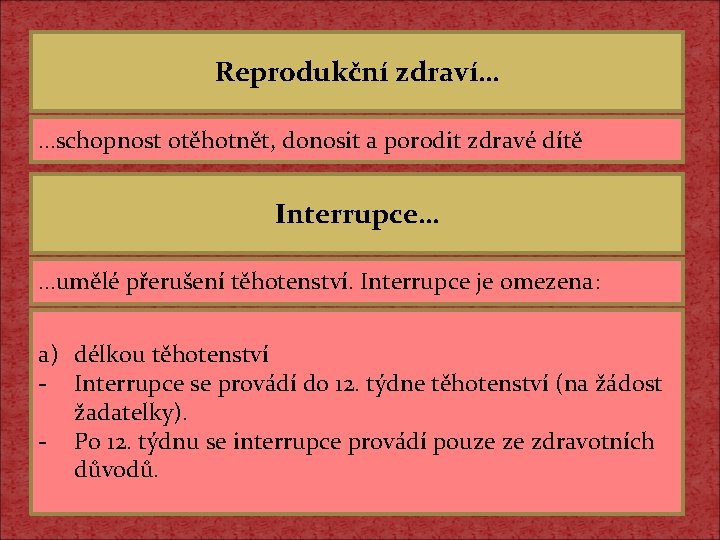 Reprodukční zdraví… …schopnost otěhotnět, donosit a porodit zdravé dítě Interrupce… …umělé přerušení těhotenství. Interrupce