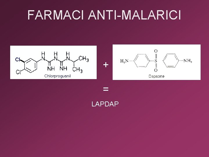 FARMACI ANTI-MALARICI Cl Sulfadoxina + Chlorproguanil = LAPDAP 