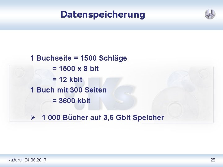 Datenspeicherung 1 Buchseite = 1500 Schläge = 1500 x 8 bit = 12 kbit