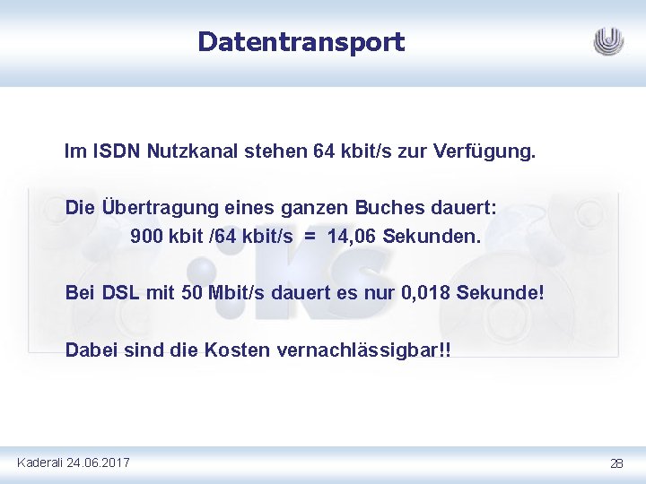 Datentransport Im ISDN Nutzkanal stehen 64 kbit/s zur Verfügung. Die Übertragung eines ganzen Buches