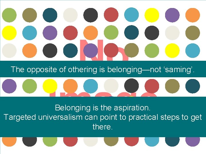 The opposite of othering is belonging—not ‘saming’. Belonging is the aspiration. Targeted universalism can