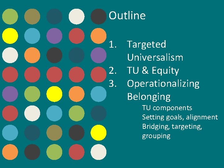 Outline 1. Targeted Universalism 2. TU & Equity 3. Operationalizing Belonging TU components Setting