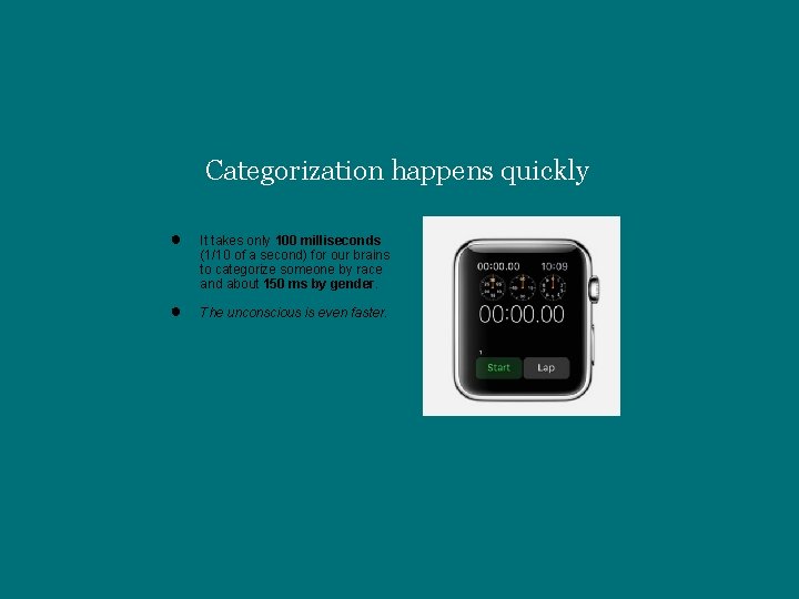 Categorization happens quickly ● It takes only 100 milliseconds (1/10 of a second) for