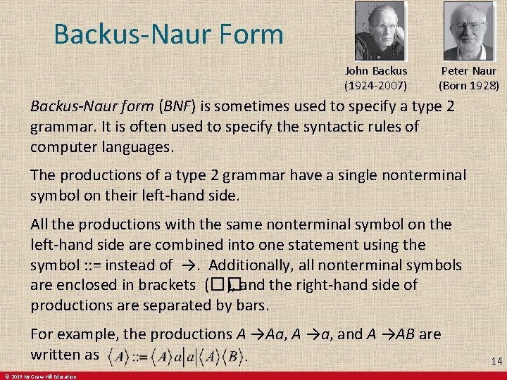 Backus-Naur Form John Backus (1924 -2007) Peter Naur (Born 1928) Backus-Naur form (BNF) is