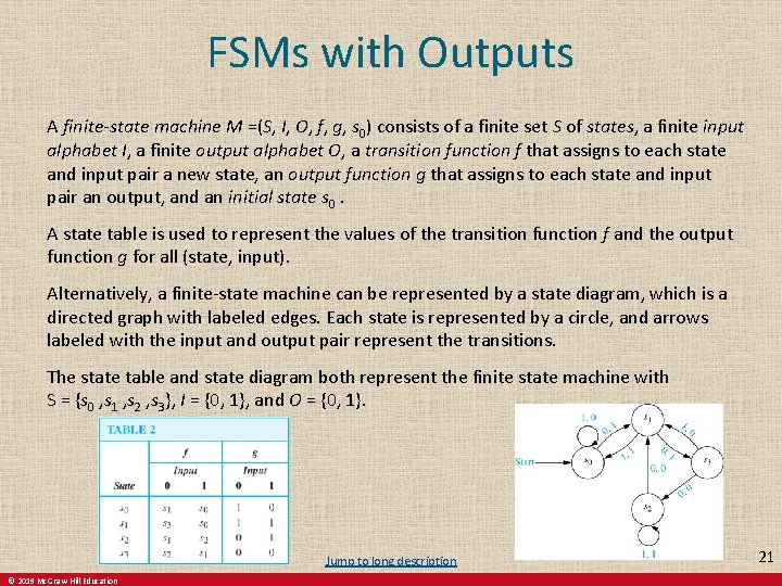 FSMs with Outputs A finite-state machine M =(S, I, O, f, g, s 0)