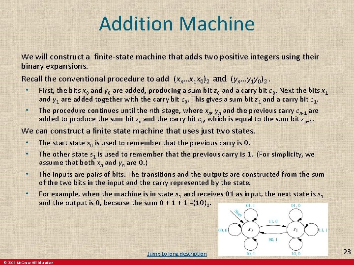 Addition Machine We will construct a finite-state machine that adds two positive integers using