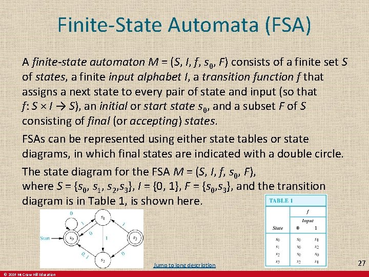 Finite-State Automata (FSA) A finite-state automaton M = (S, I, f, s 0, F)