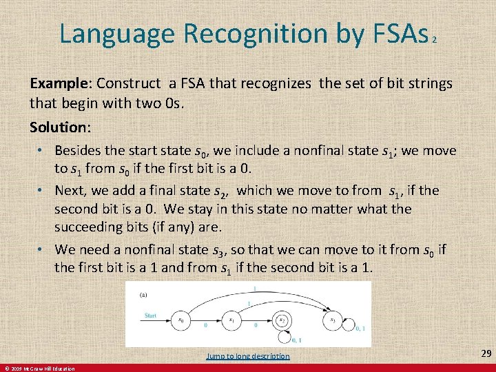 Language Recognition by FSAs 2 Example: Construct a FSA that recognizes the set of