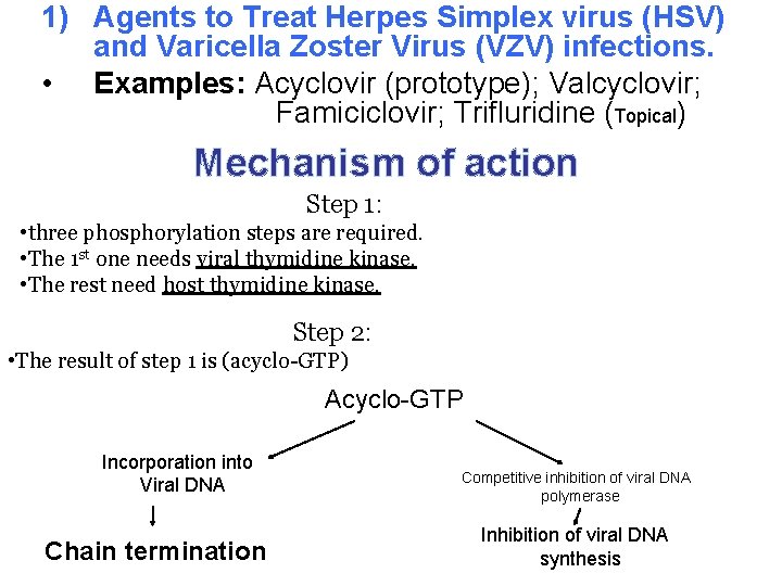 1) Agents to Treat Herpes Simplex virus (HSV) and Varicella Zoster Virus (VZV) infections.