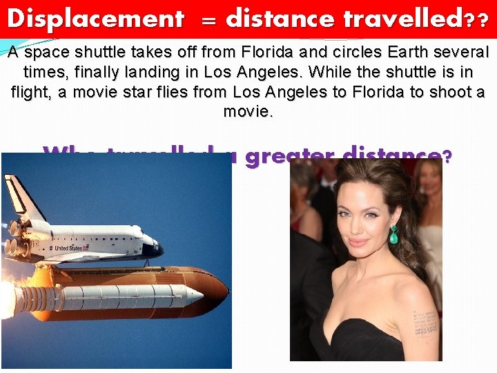 Displacement = distance travelled? ? A space shuttle takes off from Florida and circles