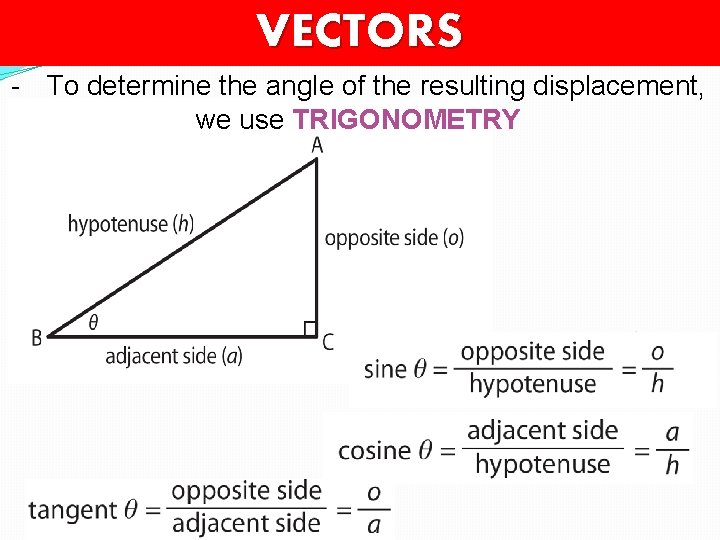 VECTORS - To determine the angle of the resulting displacement, we use TRIGONOMETRY 