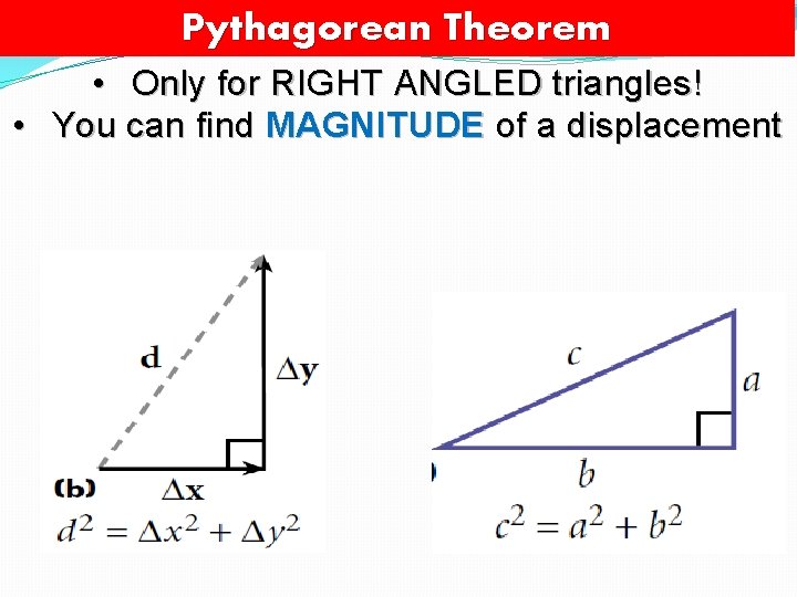Pythagorean Theorem • Only for RIGHT ANGLED triangles! • You can find MAGNITUDE of
