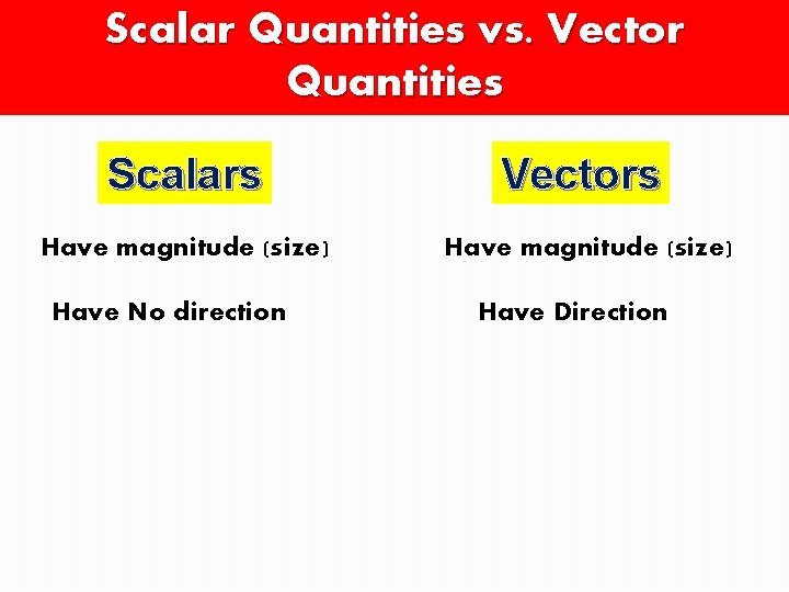 Scalar Quantities vs. Vector Quantities Scalars Vectors Have magnitude (size) Have No direction Have