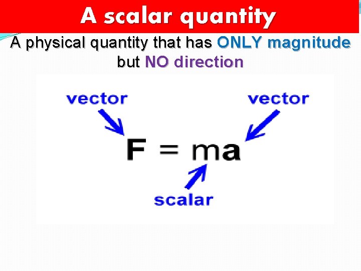 A scalar quantity A physical quantity that has ONLY magnitude but NO direction 