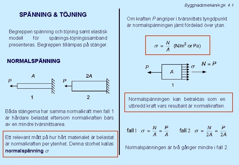 Byggnadsmekanik gk 4. 1 SPÄNNING & TÖJNING Om kraften P angriper i tvärsnittets tyngdpunkt