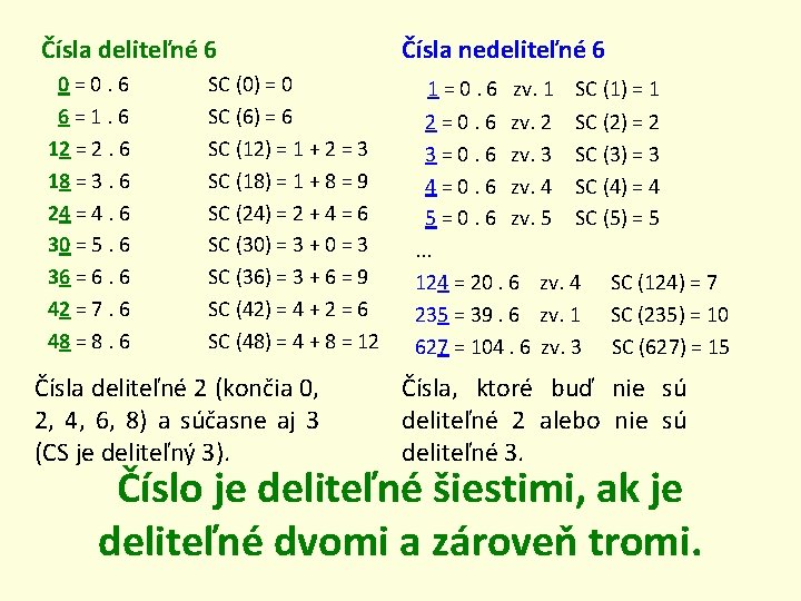 Čísla deliteľné 6 0=0. 6 6=1. 6 12 = 2. 6 18 = 3.