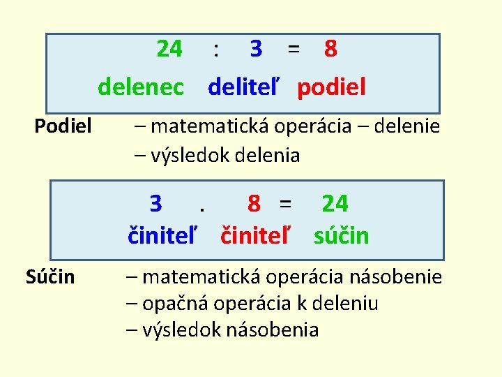 24 : 3 = 8 delenec deliteľ podiel Podiel – matematická operácia – delenie