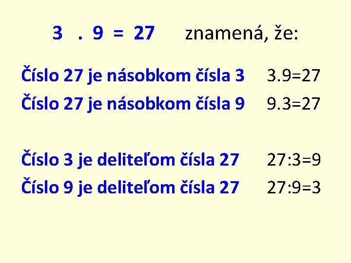 3. 9 = 27 znamená, že: Číslo 27 je násobkom čísla 3 Číslo 27