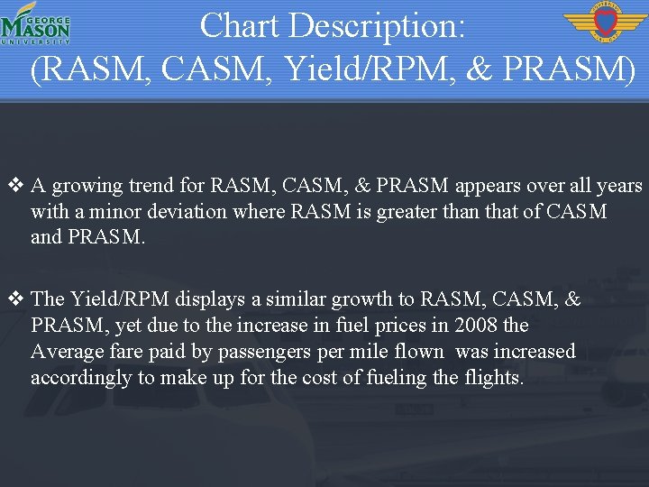 Chart Description: (RASM, CASM, Yield/RPM, & PRASM) v A growing trend for RASM, CASM,