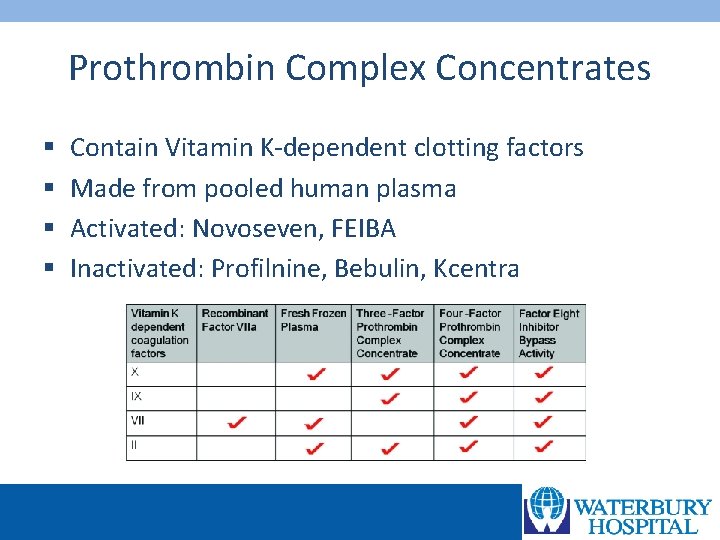 Prothrombin Complex Concentrates § § Contain Vitamin K-dependent clotting factors Made from pooled human