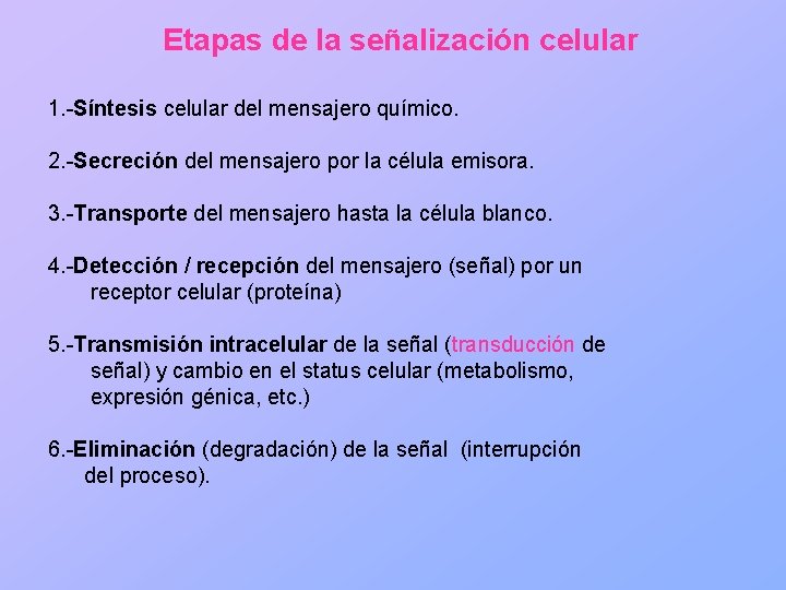 Etapas de la señalización celular 1. -Síntesis celular del mensajero químico. 2. -Secreción del