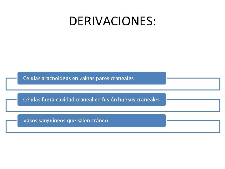 DERIVACIONES: Células aracnoideas en vainas pares craneales. Células fuera cavidad craneal en fusión huesos