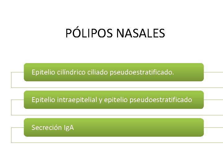 PÓLIPOS NASALES Epitelio cilíndrico ciliado pseudoestratificado. Epitelio intraepitelial y epitelio pseudoestratificado Secreción Ig. A