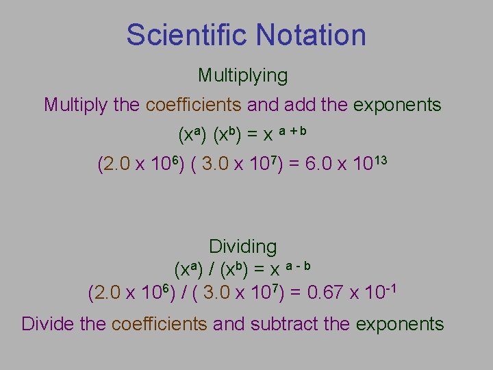 Scientific Notation Multiplying Multiply the coefficients and add the exponents (xa) (xb) = x