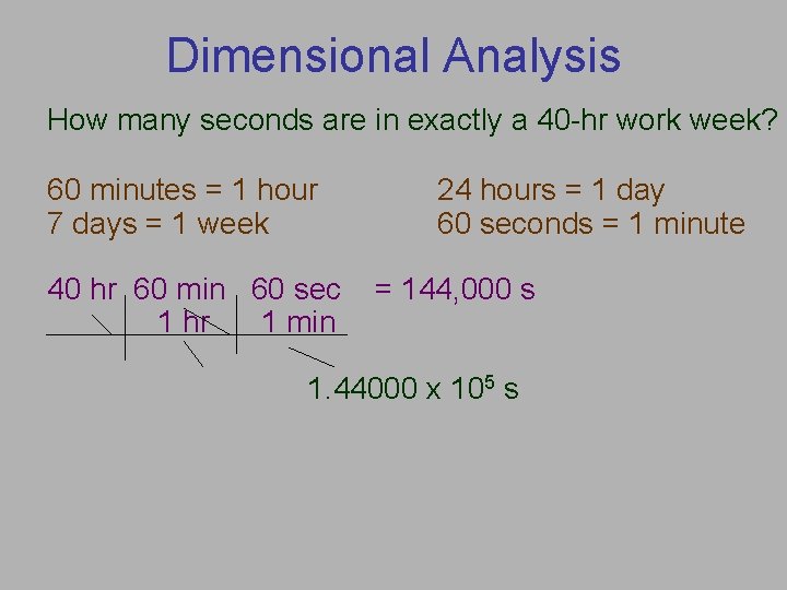 Dimensional Analysis How many seconds are in exactly a 40 -hr work week? 60