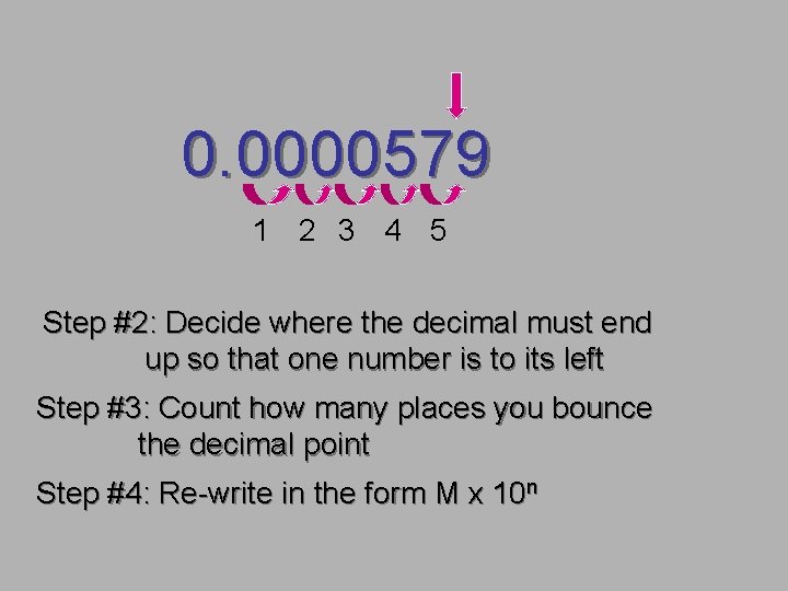 0. 0000579 1 2 3 4 5 Step #2: Decide where the decimal must