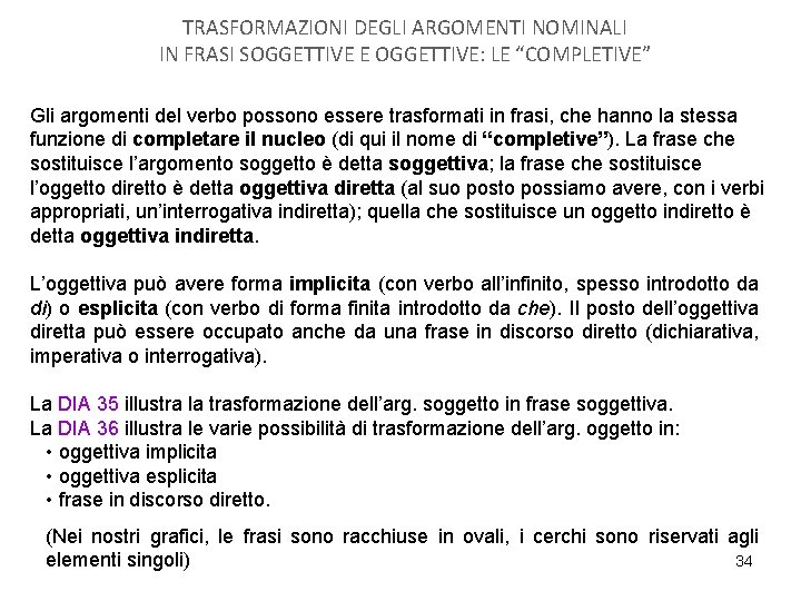 TRASFORMAZIONI DEGLI ARGOMENTI NOMINALI IN FRASI SOGGETTIVE E OGGETTIVE: LE “COMPLETIVE” Gli argomenti del