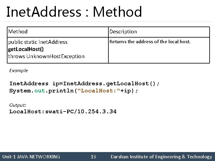 Inet. Address : Method Description public static Inet. Address get. Local. Host() throws Unknown.