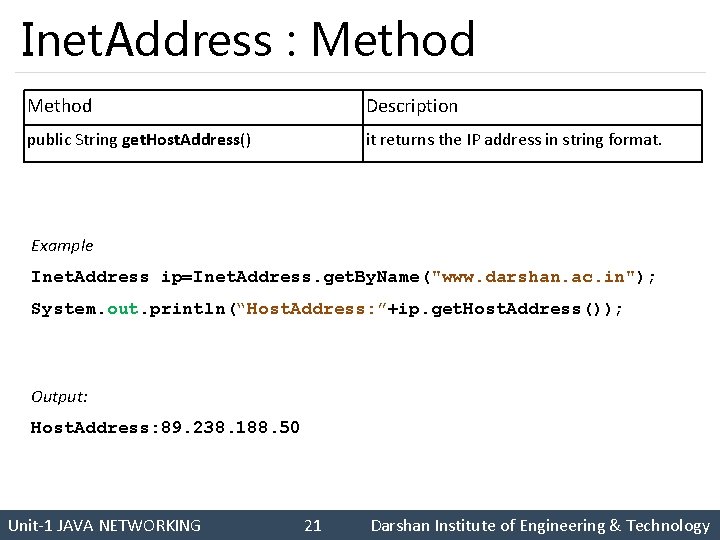 Inet. Address : Method Description public String get. Host. Address() it returns the IP